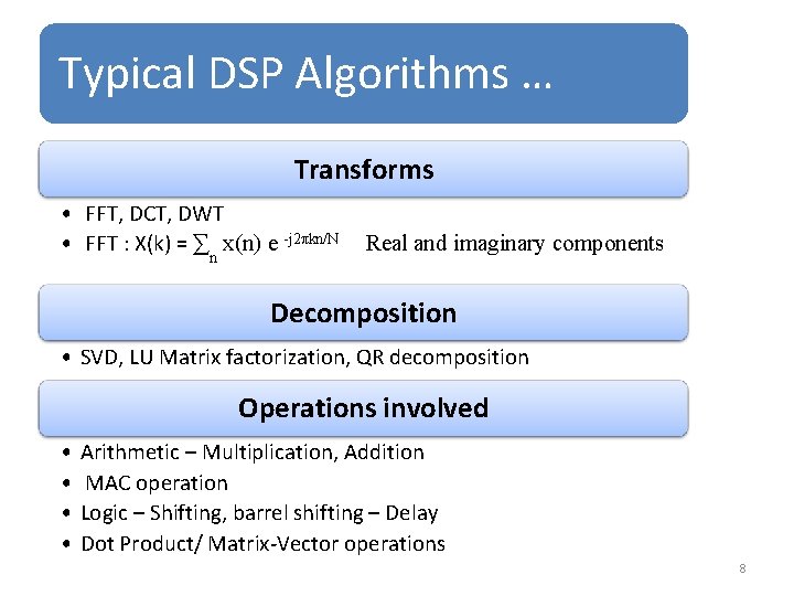 Typical DSP Algorithms … Transforms • FFT, DCT, DWT • FFT : X(k) =