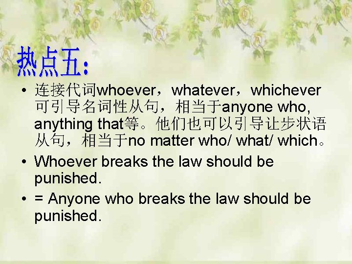  • 连接代词whoever，whatever，whichever 可引导名词性从句，相当于anyone who, anything that等。他们也可以引导让步状语 从句，相当于no matter who/ what/ which。 • Whoever