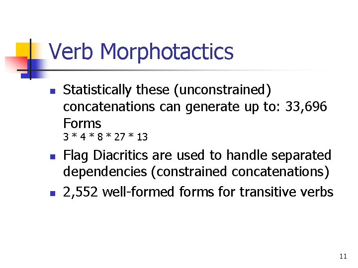 Verb Morphotactics n Statistically these (unconstrained) concatenations can generate up to: 33, 696 Forms