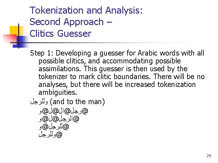 Tokenization and Analysis: Second Approach – Clitics Guesser Step 1: Developing a guesser for