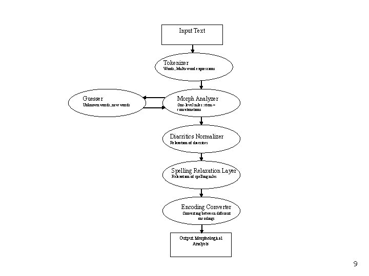 Input Text Tokenizer Words, Multi-word expressions Guesser Morph Analyzer Unknown words, new words One-level
