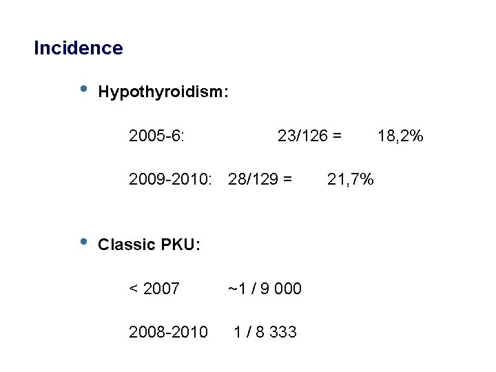 Incidence • Hypothyroidism: 2005 -6: 23/126 = 2009 -2010: 28/129 = • Classic PKU: