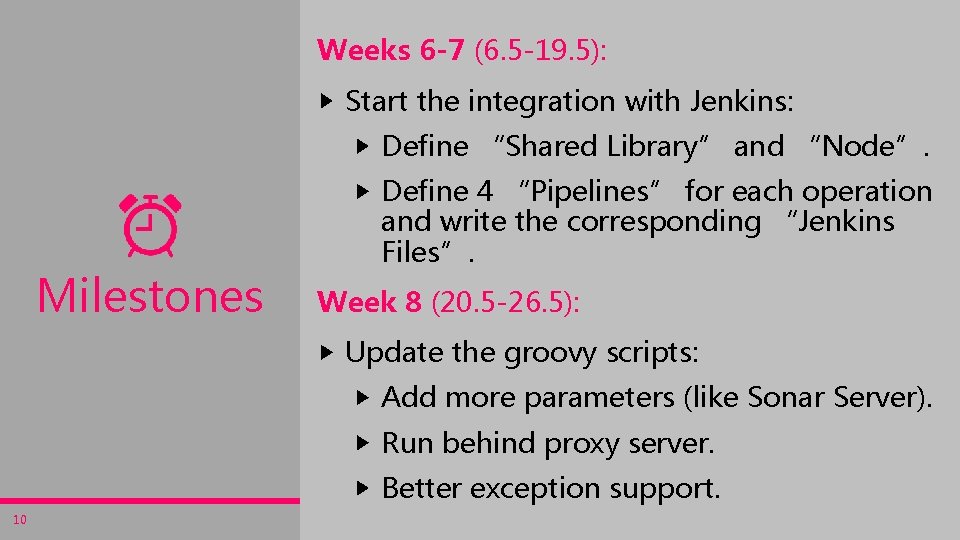 Weeks 6 -7 (6. 5 -19. 5): Start the integration with Jenkins: Define “Shared
