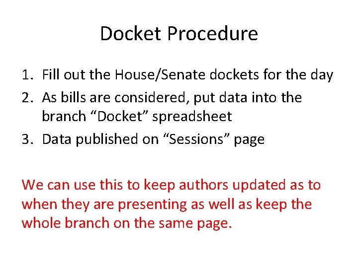 Docket Procedure 1. Fill out the House/Senate dockets for the day 2. As bills