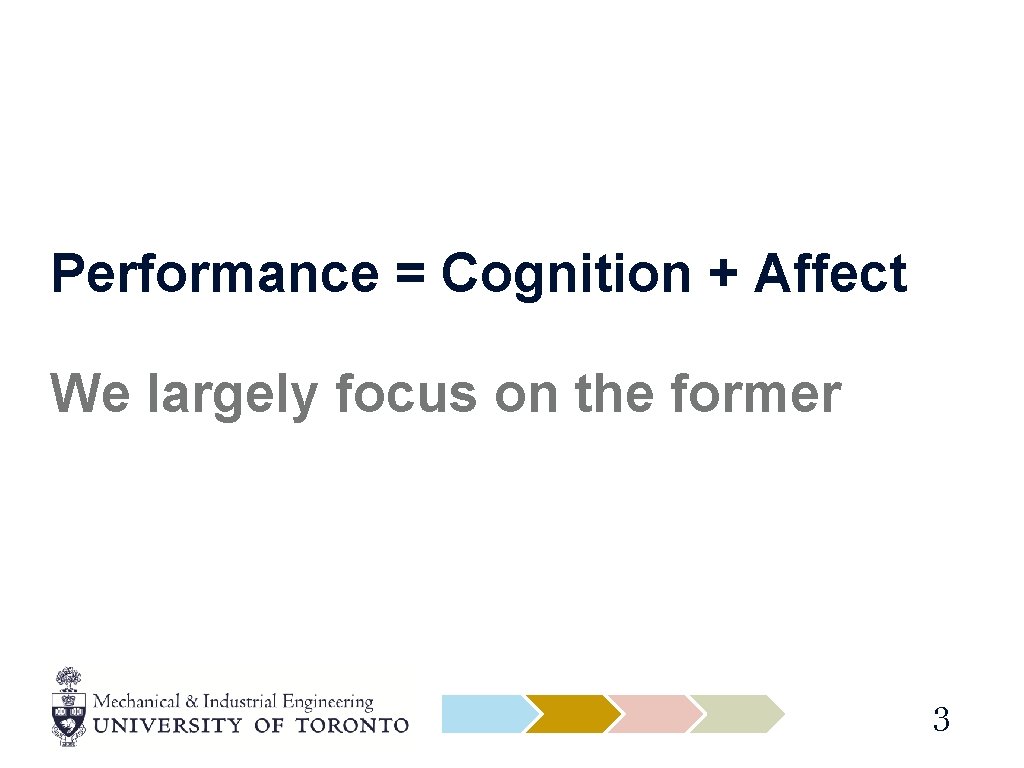 Performance = Cognition + Affect We largely focus on the former 3 