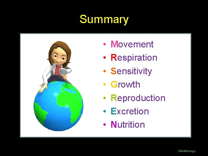 Summary • • Movement Respiration Sensitivity Growth Reproduction Excretion Nutrition Click. Biology 