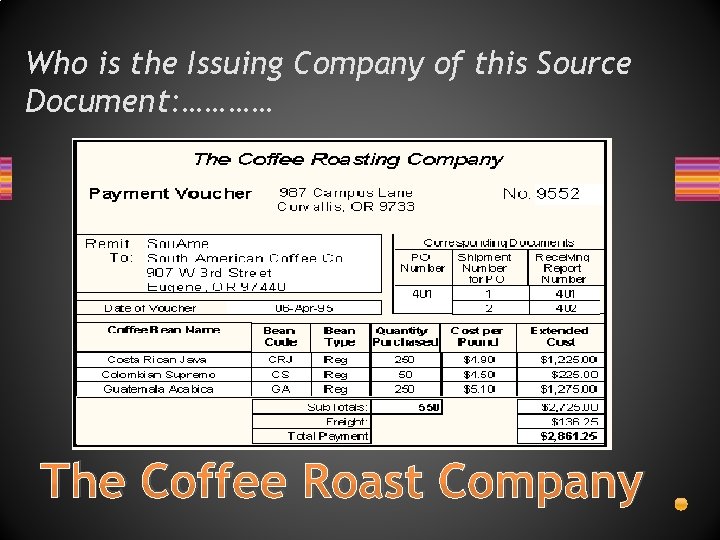 Who is the Issuing Company of this Source Document: ………… The Coffee Roast Company