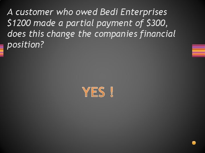 A customer who owed Bedi Enterprises $1200 made a partial payment of $300, does