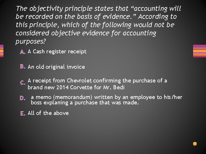 The objectivity principle states that “accounting will be recorded on the basis of evidence.