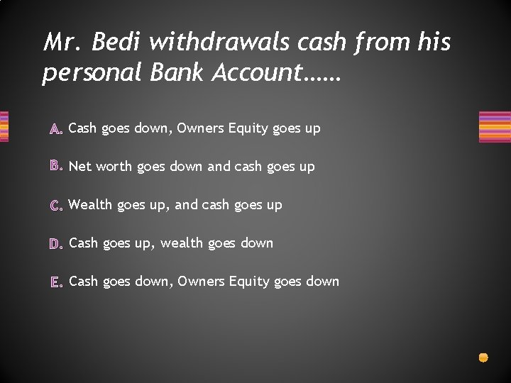 Mr. Bedi withdrawals cash from his personal Bank Account…… A. Cash goes down, Owners