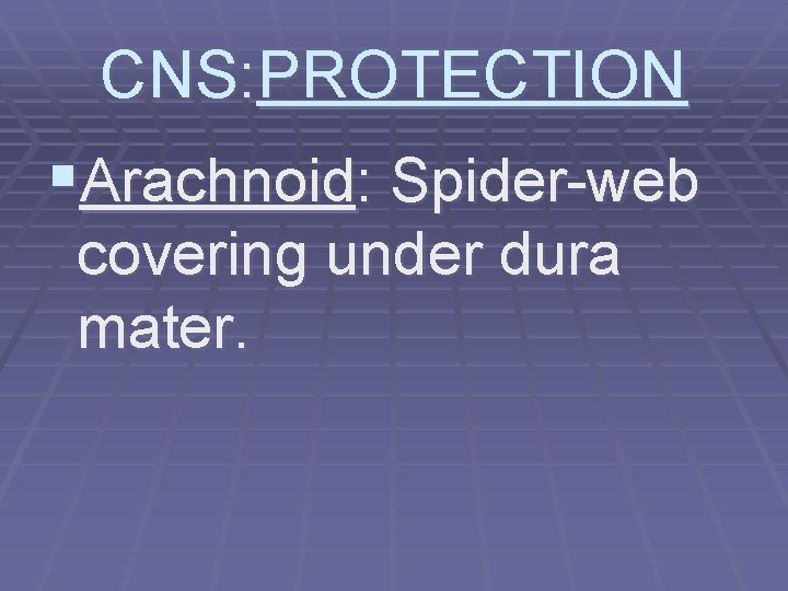 CNS: PROTECTION §Arachnoid: Spider-web covering under dura mater. 