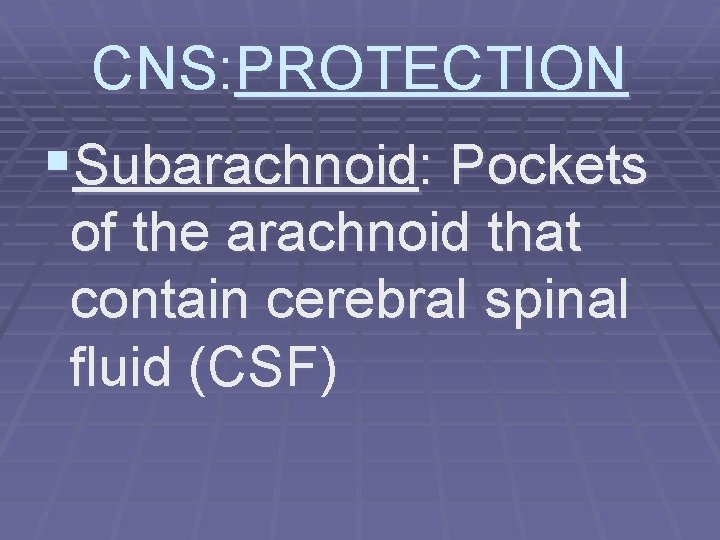 CNS: PROTECTION §Subarachnoid: Pockets of the arachnoid that contain cerebral spinal fluid (CSF) 