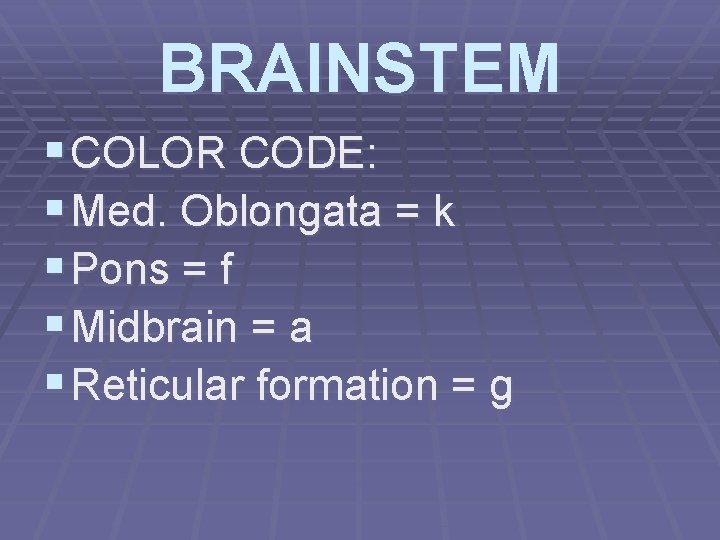 BRAINSTEM § COLOR CODE: § Med. Oblongata = k § Pons = f §