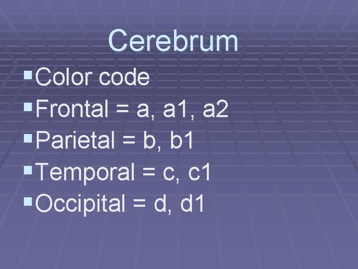 Cerebrum §Color code §Frontal = a, a 1, a 2 §Parietal = b, b