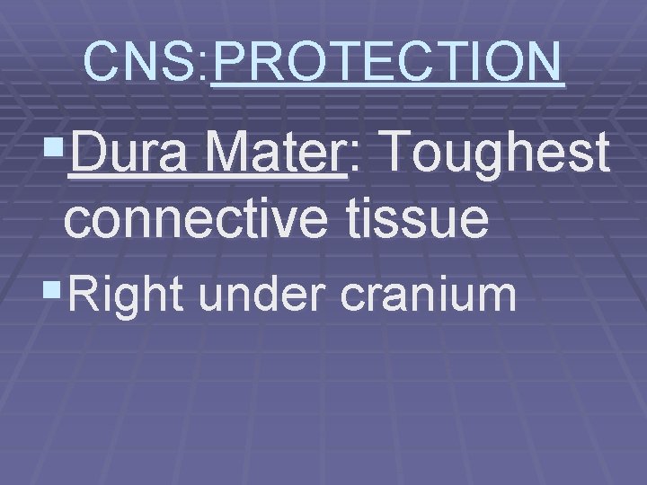 CNS: PROTECTION §Dura Mater: Toughest connective tissue §Right under cranium 