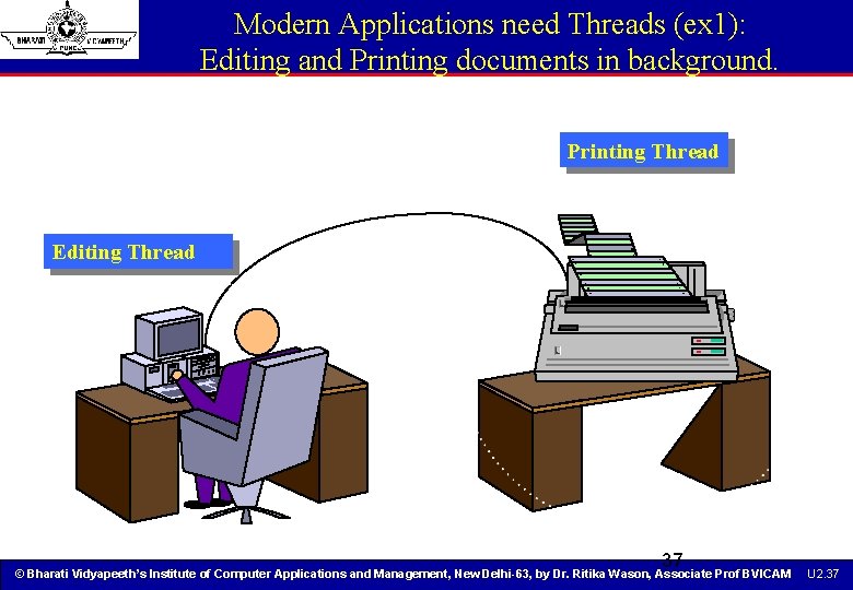 Modern Applications need Threads (ex 1): Editing and Printing documents in background. Printing Thread Modern Applications need Threads (ex 1): Editing and Printing documents in background. Printing Thread
