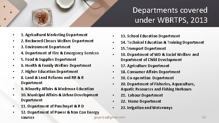 Departments covered under WBRTPS, 2013 • • • 1. Agricultural Marketing Department • 13.