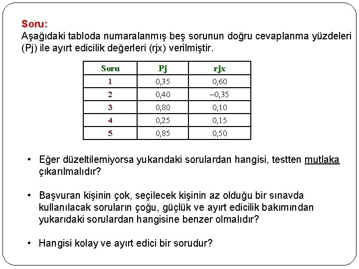 Soru: Aşağıdaki tabloda numaralanmış beş sorunun doğru cevaplanma yüzdeleri (Pj) ile ayırt edicilik değerleri