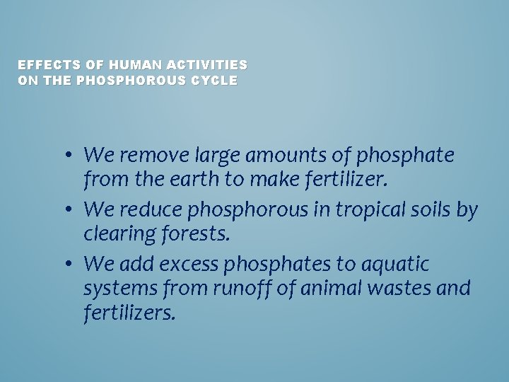 EFFECTS OF HUMAN ACTIVITIES ON THE PHOSPHOROUS CYCLE • We remove large amounts of