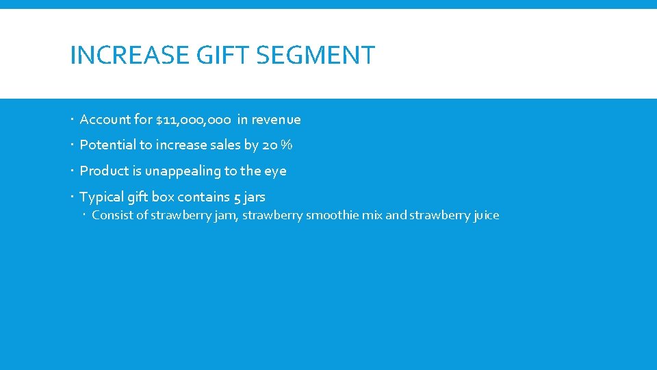 INCREASE GIFT SEGMENT Account for $11, 000 in revenue Potential to increase sales by