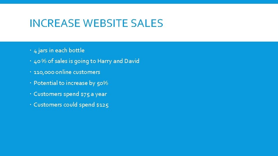 INCREASE WEBSITE SALES 4 jars in each bottle 40 % of sales is going