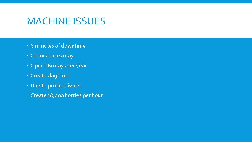 MACHINE ISSUES 6 minutes of downtime Occurs once a day Open 260 days per