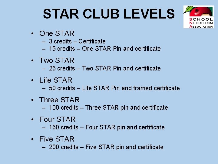 STAR CLUB LEVELS • One STAR – 3 credits – Certificate – 15 credits