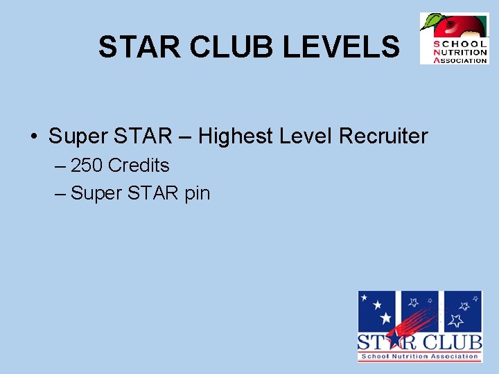 STAR CLUB LEVELS • Super STAR – Highest Level Recruiter – 250 Credits –