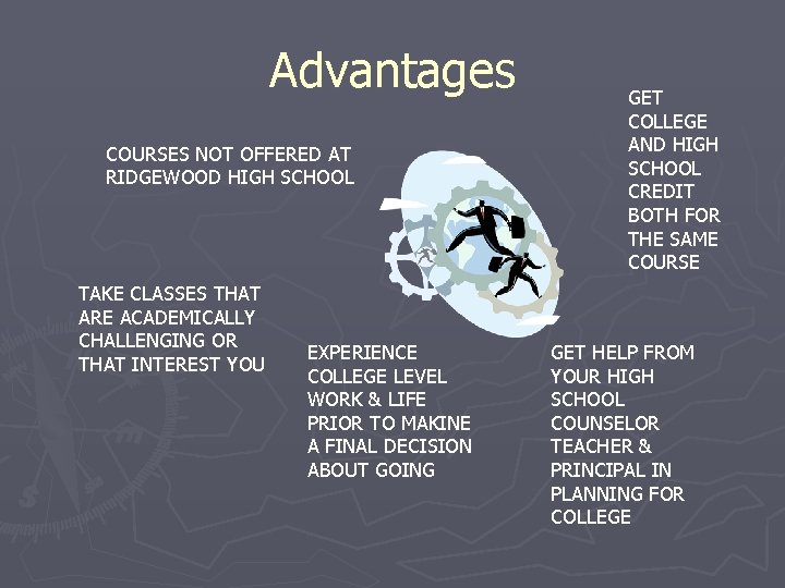 Advantages COURSES NOT OFFERED AT RIDGEWOOD HIGH SCHOOL TAKE CLASSES THAT ARE ACADEMICALLY CHALLENGING