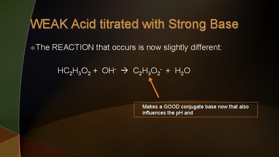 WEAK Acid titrated with Strong Base u. The REACTION that occurs is now slightly