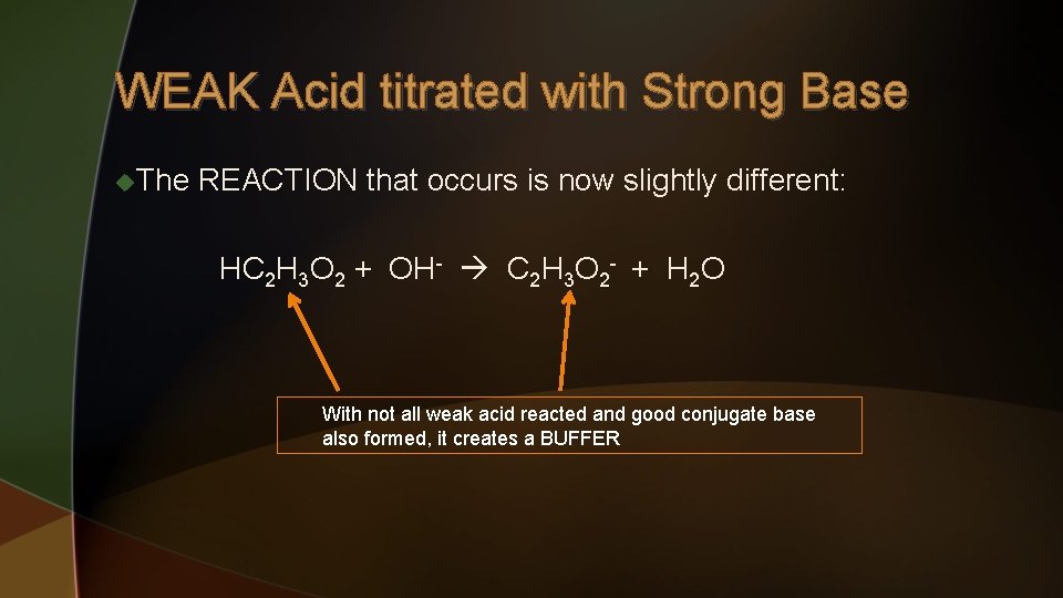 WEAK Acid titrated with Strong Base u. The REACTION that occurs is now slightly