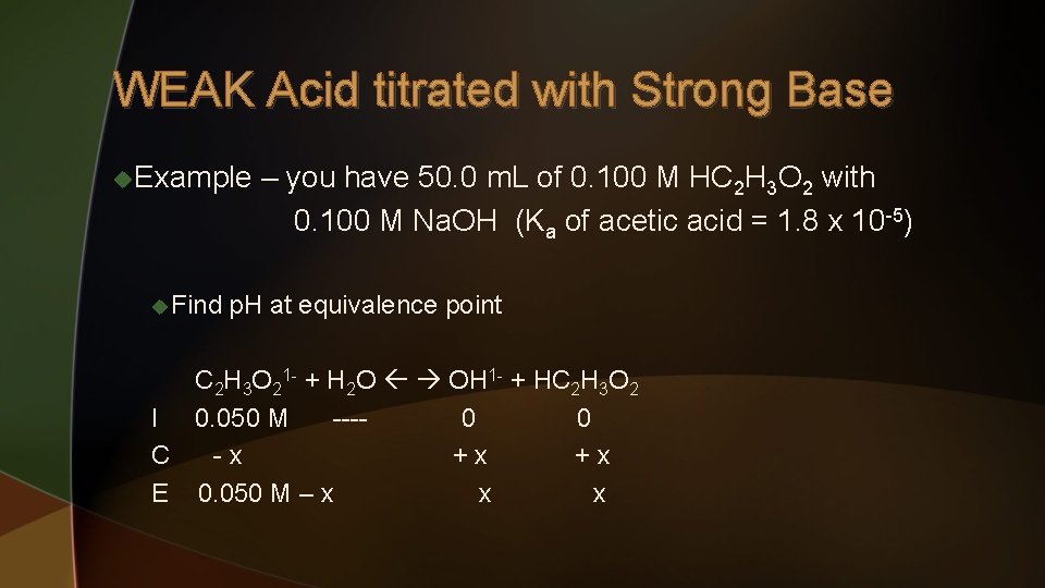 WEAK Acid titrated with Strong Base u. Example u Find – you have 50.