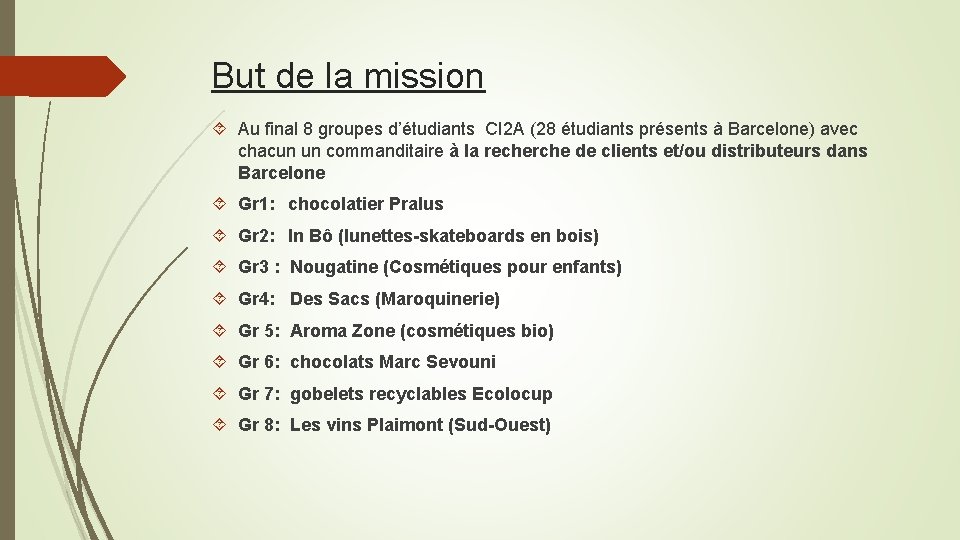 But de la mission Au final 8 groupes d’étudiants CI 2 A (28 étudiants