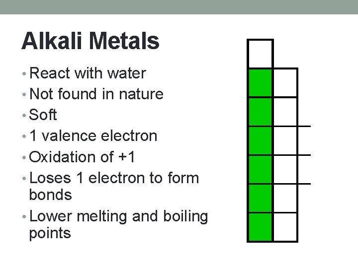 Alkali Metals • React with water • Not found in nature • Soft •