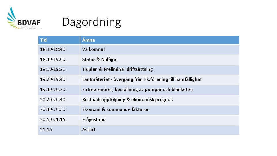 Dagordning Tid Ämne 18: 30 -18: 40 Välkomna! 18: 40 -19: 00 Status &