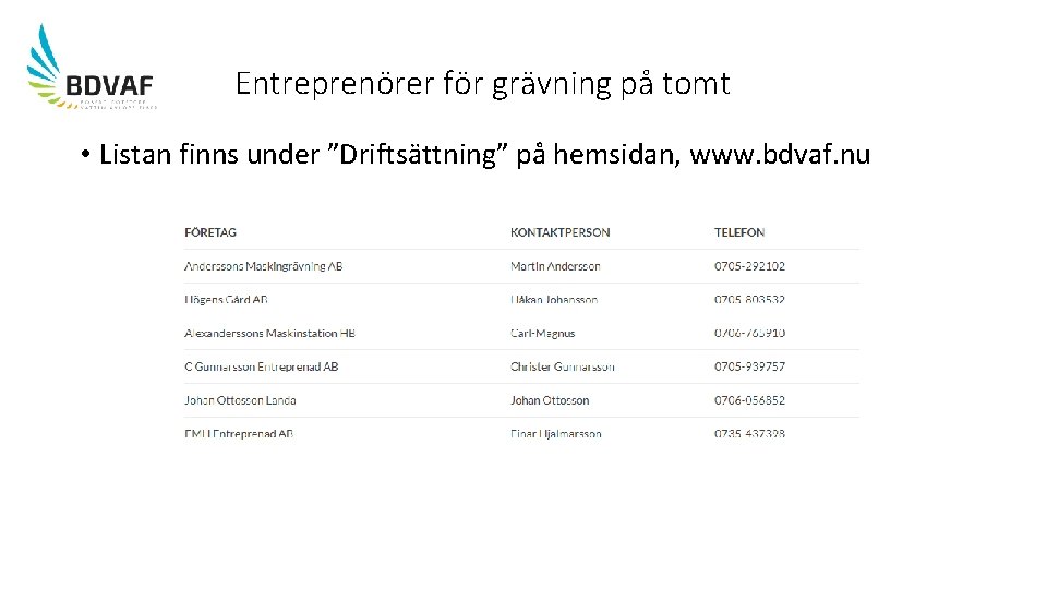 Entreprenörer för grävning på tomt • Listan finns under ”Driftsättning” på hemsidan, www. bdvaf.