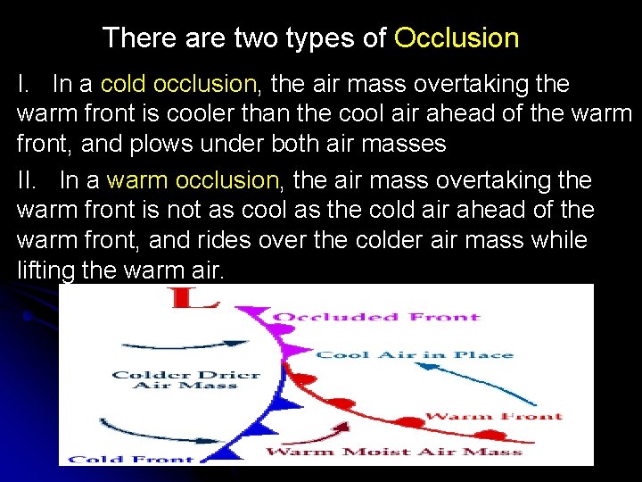 There are two types of Occlusion I. In a cold occlusion, the air mass