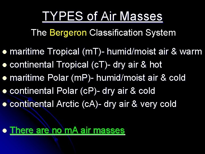 TYPES of Air Masses The Bergeron Classification System maritime Tropical (m. T)- humid/moist air