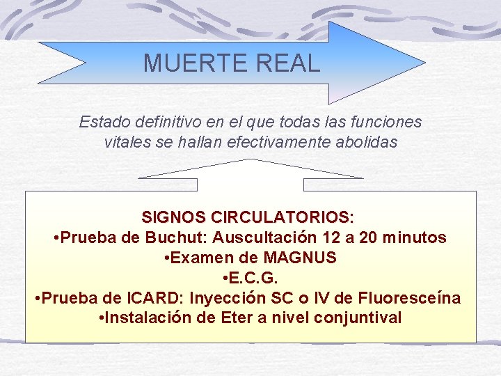 MUERTE REAL Estado definitivo en el que todas las funciones vitales se hallan efectivamente