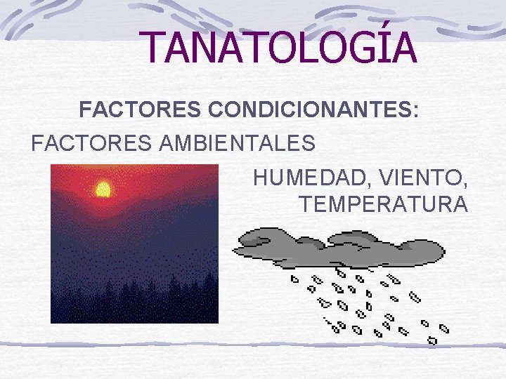 TANATOLOGÍA FACTORES CONDICIONANTES: FACTORES AMBIENTALES HUMEDAD, VIENTO, TEMPERATURA 