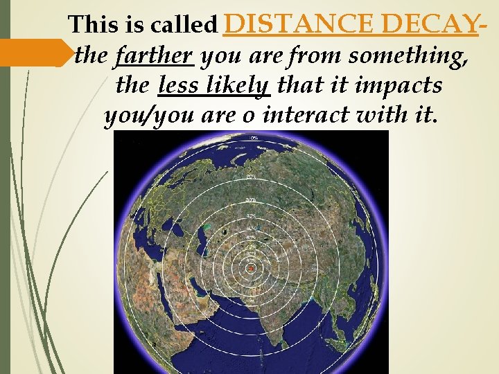 This is called DISTANCE DECAYthe farther you are from something, the less likely that