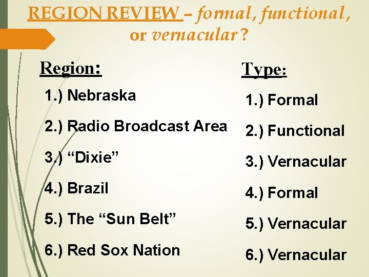 REGION REVIEW – formal, functional, or vernacular ? Region: Type: 1. ) Nebraska 1.