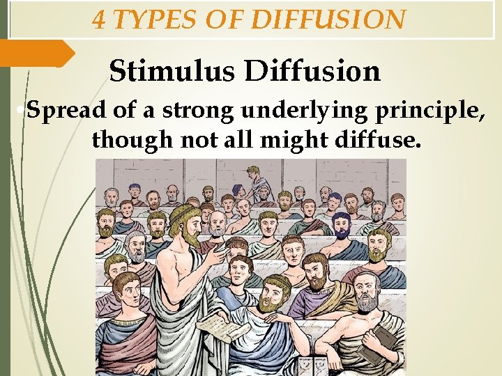 4 TYPES OF DIFFUSION Stimulus Diffusion • Spread of a strong underlying principle, though
