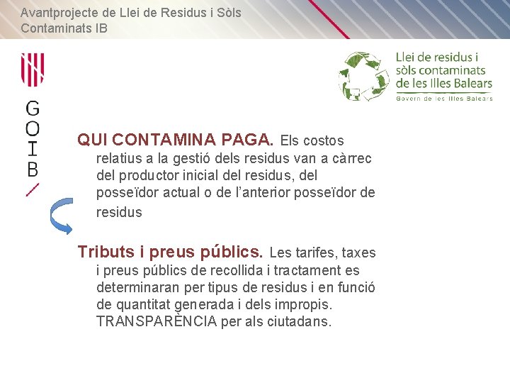 Avantprojecte de Llei de Residus i Sòls Contaminats IB QUI CONTAMINA PAGA. Els costos