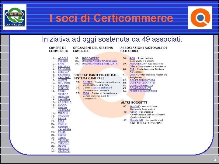 I soci di Certicommerce Iniziativa ad oggi sostenuta da 49 associati: 3 