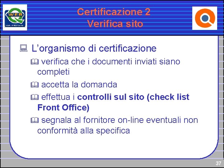 Certificazione 2 Verifica sito : L’organismo di certificazione verifica che i documenti inviati siano