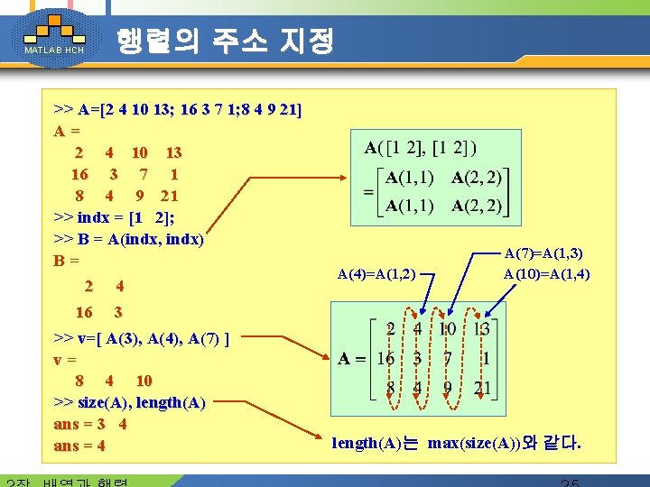 MATLAB HCH 행렬의 주소 지정 >> A=[2 4 10 13; 16 3 7 1;