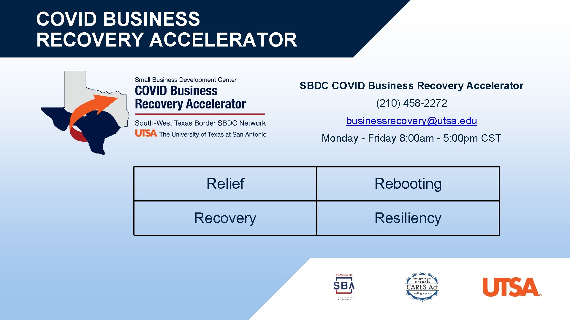 COVID BUSINESS RECOVERY ACCELERATOR SBDC COVID Business Recovery Accelerator (210) 458 -2272 businessrecovery@utsa. edu