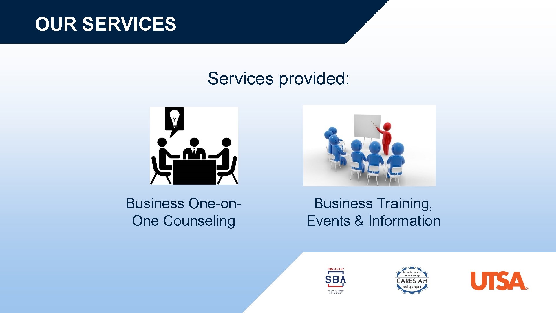 OUR SERVICES Services provided: Business One-on. One Counseling Business Training, Events & Information 