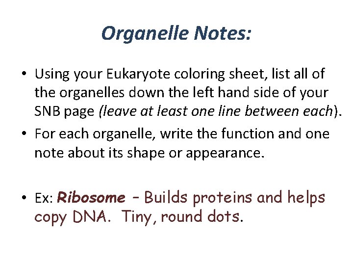 Organelle Notes: • Using your Eukaryote coloring sheet, list all of the organelles down